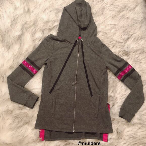 Juicy Couture Graphic Gray & Pink Glitter Athleisure Zip Up Hoodie Y2k Vibes - Picture 4 of 11